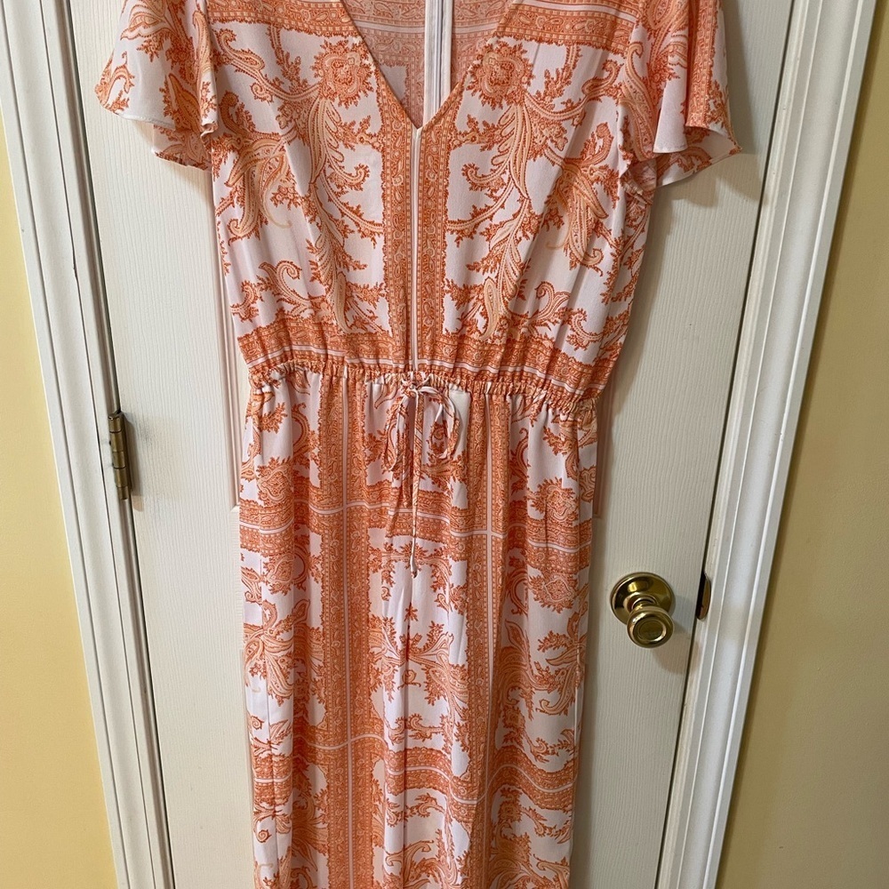 Michael Michael Kors M Orange White Paisley Midi Dress 🍊 Flutter Sleeve V Neck